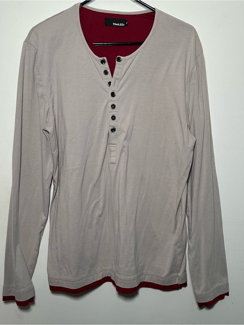 TheLEES XL Long Sleeve Henley Shirt Gray Red Layered Look 100% Cotton Men's - Picture 2 of 16